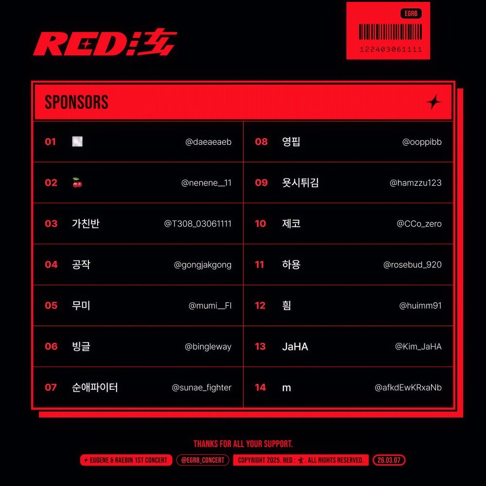 총 14명의 협력자 명단.
가친반
영핍
순애파이터
M
안개
체리
제코
빙글
하용
무미
흼
욧시튀김
자하
공작